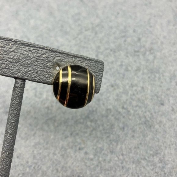 Monet Clip On Earrings Black Enamel Gold Stripe Round Domed Retro Vintage Granny - Picture 3 of 7
